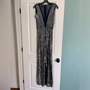 Nicole Miller gown, blue + silver sequins, v-neck, illusion detail front/back
